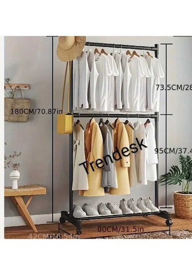 Metal Siyah Çift Askılı Elbise Askılığı Konfeksiyon Askılık Tekerlekli 6008 Siyah