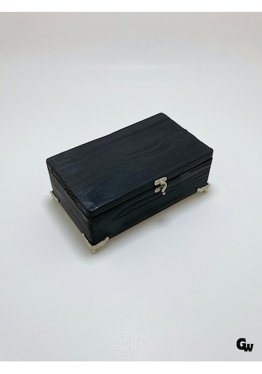 Doğal Ahşap Hareli Takı Kutusu Ahşap Saklama Kutusu Beyaz Çam Antrasit Boy:20cm En:12cm Yük:8cm