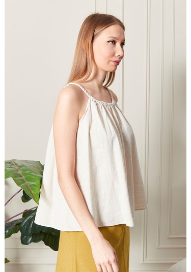 Şık Farklı Tarz Keten Işıl Bluz - Zarif Ve Modern Tasarım Krem