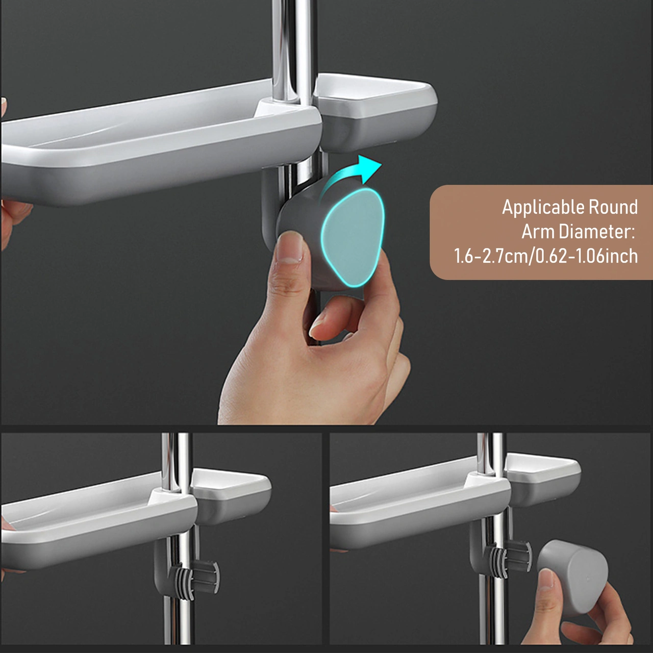 Skycity Gri Abs Duş Rakusu, 16-27mm Borular İçin, Delme Yok Kurulum, 360 Dönebilen, Su Tüpü, Çekirdekli, Çamaşır Sabunu Tutucu Gri