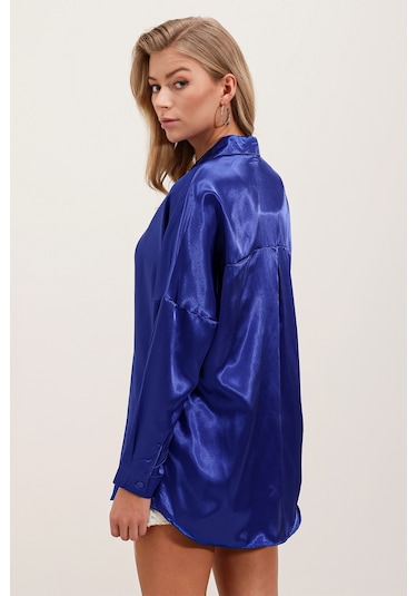 3985 Oversize Saten Gömlek - Saks 001
