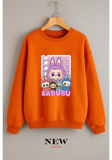 Labubu Baskılı Bisiklet Yaka Sweatshirt Turuncu