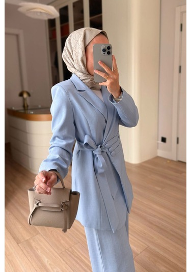 Ka Hijab Bel Detaylı Vatkalı Ceketli Takım - Mavi