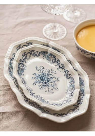 Roomi Desenli Oval Seramik Tabak 23,5 16 Cm, Vintage Tarzda 202452397 Beyaz