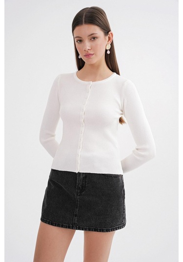 6931 Kadın Düğmeli Fitilli Triko Hırka Beyaz Beyaz