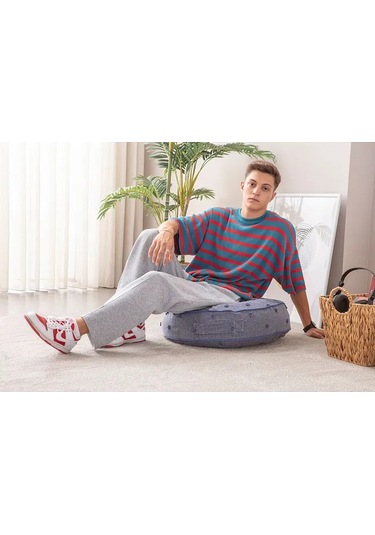 Çok Amaçlı Puantiyeli Keten Yer Bahçe Minderi Fermuarlı İç Dolgulu Yıkanabilir 60x62 Lacivert