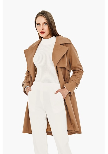 Pastelastore %100 Pamuk Gabardin Midi 95cm Astarlı Kemerli Kadın Trençkot 1113 Bej
