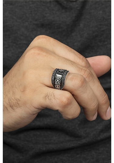 Telkari Desenli Karpuz Kesim Gümüş Erkek Yüzük -8340 Gümüş