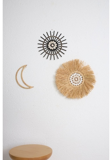 3'lü Set Rafya Deniz Kabuklu Model & Siyah Rattan Çubuk Deniz Kabuklu & Rafya Ay M091