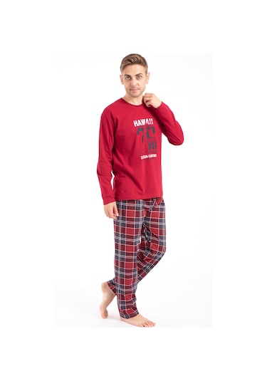 Tampap 2170 Baskılı Uzun Kol Erkek Pijama Takımı Bordo