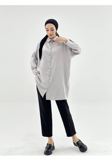 Vioshine Vıoshıne Kadın Oversize Saten Gömlek-gri Gri