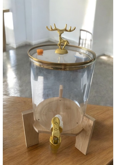 Qerhome Geyik Detaylı Bambu Standlı Şeffaf Cam Musluklu Şerbet- Meyve Suyu Içecek- Su Sebili 3,5 Lt