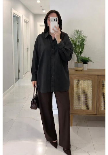 Lijuri Siyah Oversize Keten Gömlek 3510