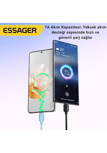 Essager 1 Metre 7a 100w E-marker Süper Hızlı Usb To Type C Şarj Data Kablosu, Akım,ısı, Güçlü Kablo