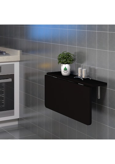 90X60cm Siyah MDF Oval Köşeli Katlanır Duvara Monte Raf Masa