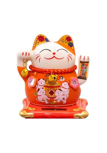 Seramik Maneki Neko Turuncu Güneş Enerjili Şans Kedisi 12cm No.4