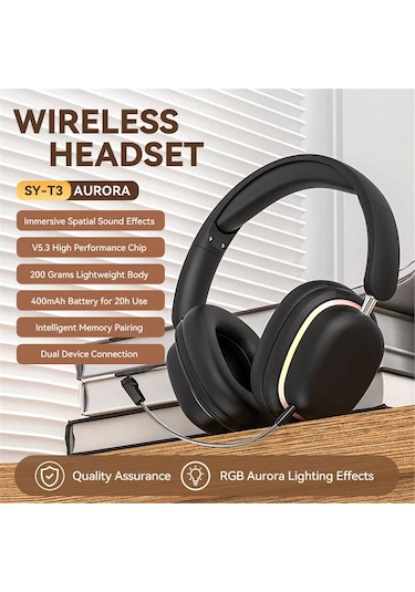 Folinda Sy-t3 Kulaküstü Bluetooth Kulaklık: Rgb Işıklı, Gürültü Engelleme, Kablosuz/kablolu Çift Mod, Uzun Pil Ömrü, Katlanabilir - Siyah