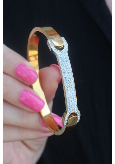 316l Çelik Gold Renk Zirkon Taşlı Kadın Kelepçe Altın