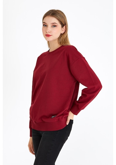 Comeor Kadın Bordo Basic Bisiklet Yaka Regular Fit Rahat Sweatshirt 001
