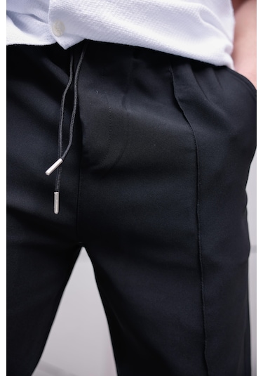 Erkek Siyah Renk Esnek Likralı Fermuar Detaylı Jogger Pantolon-1746 Siyah