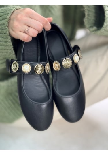 Günlük Kadın Babet İnci Altın Bant Toka Oval Burun Hafif Ortopedik Rahat Ev İş Ofis Ayakkabı 300 Siyah