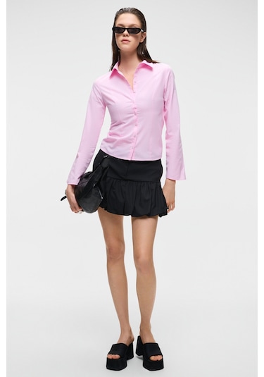 GRINNE Kadın Slim Gömlek Yaka Uzun Kollu İnce Uzun Pembe Gömlek