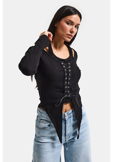 Itsbasic Kadın Siyah W5 Asimetrik Kesim Özel Tasarım Crop Top