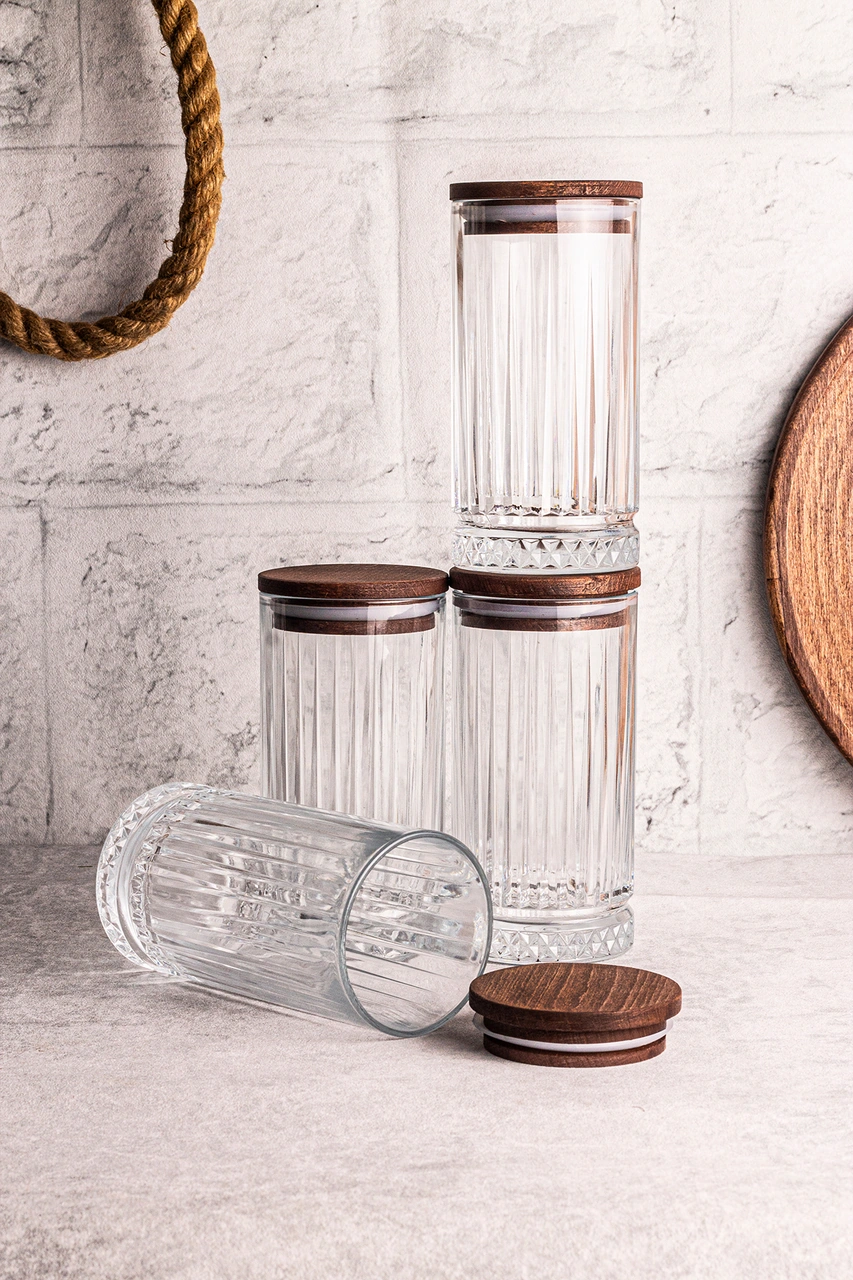 Mira 4'lü Ahşap Vakumlu Kapaklı Cam Saklama Kabı 450 Ml 4 Adet Ahşap