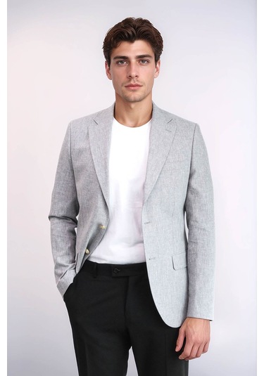 Gri Keten Dokulu Gold Renk Metal Düğmeli Slim Fit Erkek Blazer Ceket - Wessi Grey