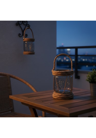 Dyris Rustik Halatlı Cam Fener 20x10 Cm Pilli Peri Ledli Askılı Balkon & Bahçe Lambası