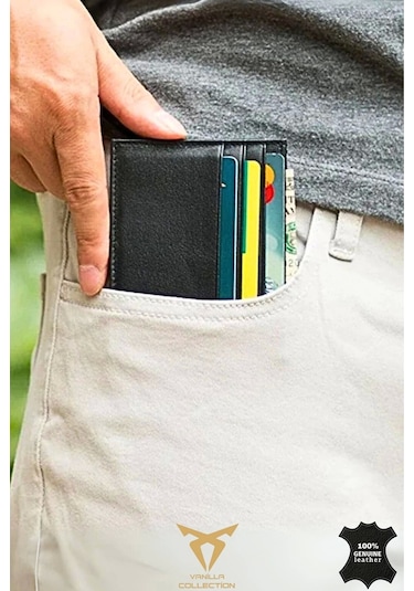 Orijinal Hakiki Deri Süper Ince Model Unisex Kartlık Kartvizitlik Portföy Otomatik Kartlık Hediyeli Siyah