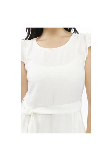 Apsen 3886/100 Kadın Renk Beyaz Omuz Detaylı Büzgülü Midi Boy Yazlık Elbise Beyaz