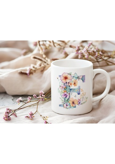 F Harfi Çiçekli Kupa Bardak - Soft Renk Çiçek Ve Kelebek Desenli Zarif Kahve Kupası - Bohem Beyaz