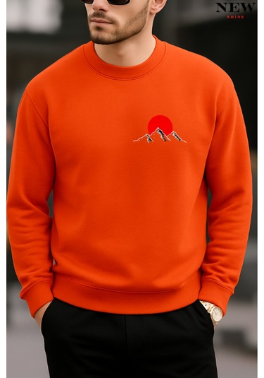 Kırmızı Dağ Baskılı Bisiklet Yaka Sweatshirt Turuncu