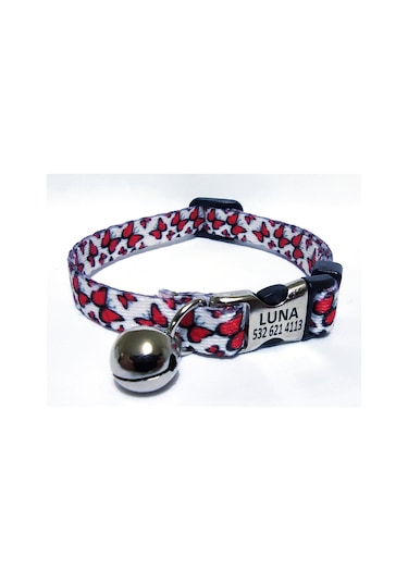 Ayz Markalama İsimli Metal Kilitli Kedi Tasması Beyaz - Kırmızı M