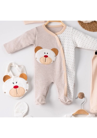 3 Ay Ayıcık Nakışlı Tulumlu Erkek Bebek 5'li Set Kahverengi Kahverengi