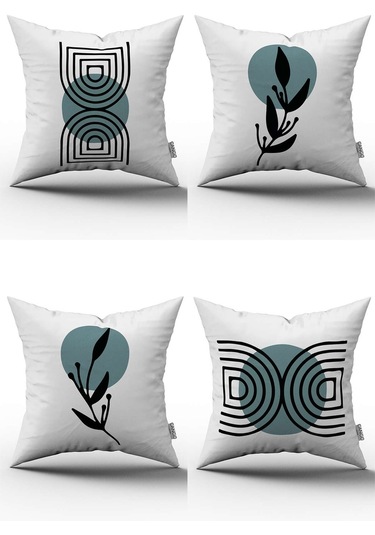 Mavi Siyah Dekoratif Soyut Yaprak Desenli Dijital Baskılı Kırlent Yastık Kılıfı Seti 4kmbs124