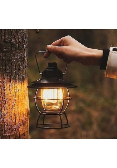 Pazly Ve Tip-c Taşınabilir Siyah Retro Kamp Feneri, Led Kısılabilir, Hava Ve Kamp İçin Mükemmel Şarjlı Fener Siyah