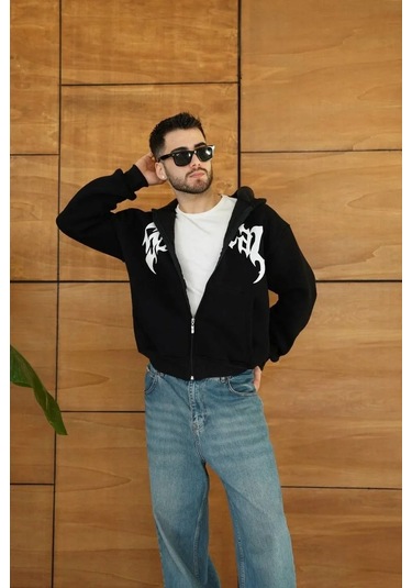 Erkek Kapüşonlu Sweatshirt Hoodie 3 İplik Şardonlu Pamuklu Kumaş, Önü Baskılı, Fermuarlı Rahat Kalı Siyah