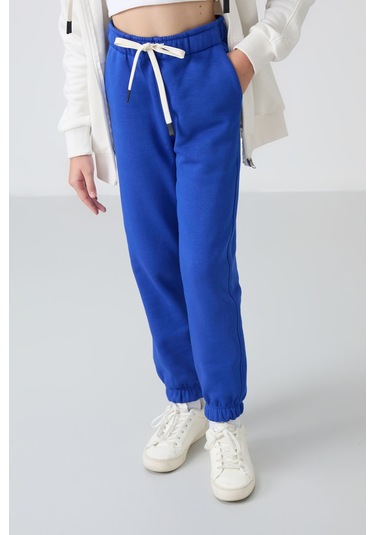 Tommy Life Gece Mavi Pamuklu İçi Tüylü Yumuşak Dokulu Standart Fit Nakışlı Kız Çocuk Eşofman Alt - 75158 Mavi