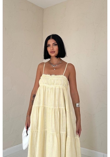 S-pazarım Sarı Askılı Parçalı Çizgili Müslin Elbise Sarı