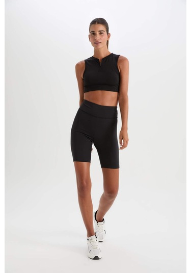 DeFactoFit Siyah Yüksek Bel Beli Saran Biker Esnek Kısa Basic Düz Sporcu Tayt Z6741AZ25SPBK81 SiYAH