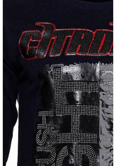 Lacivert Taşlı Baskılı Desenli Sweatshirt - Wessi Siyah