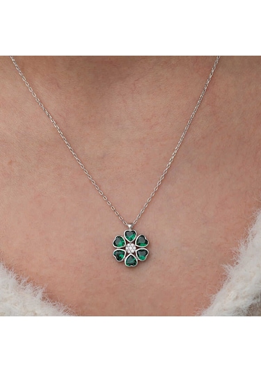 Gümüş Yeşil Kalpli Çiçek Kadın Kolye Sl10616 Gümüş