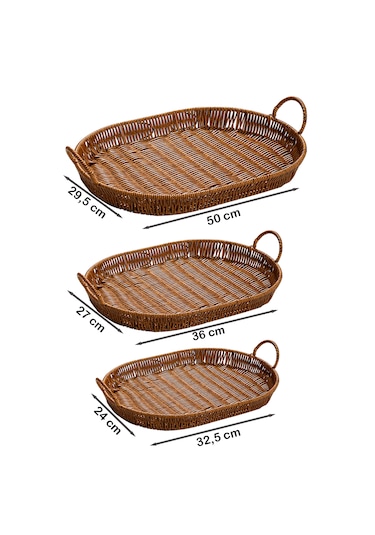 Porsima 708c Oval 3'lü Hasır Tepsi Dekoratif Sunum Servis Tepsisi