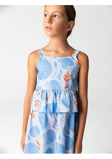 Sheshe Yaprak Desenli Pamuklu Askılı Kız Çocuk Elbise Renkli