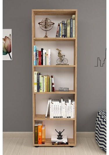 Bofigo Dekoratif 5 Raflı Kitaplık Modern Kitaplık Çınar Çam