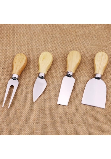 4 Adet Paslanmaz Çelik Peynir Bıçağı Bambu Saplı Dilimleyici Gümüş