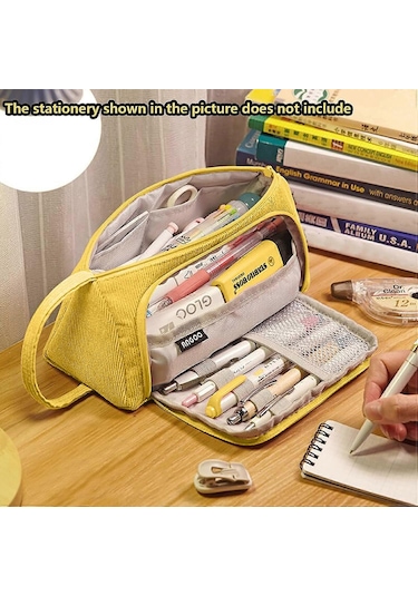 Sarı Kadife Kalem Kutusu 3 Bölmeli, Büyük Kapasiteli Kalem Kutusu, Büyük Kalem Kutusu, Büyük Kalem Kutusu Çok Renkli