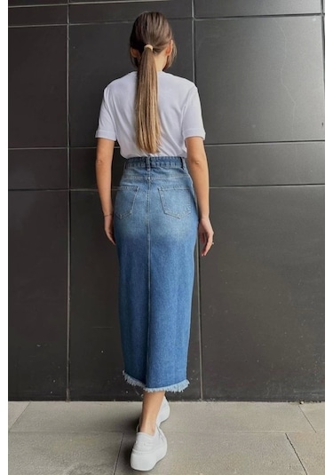 Mavi Yırtmaçlı Kot Etek Mavi